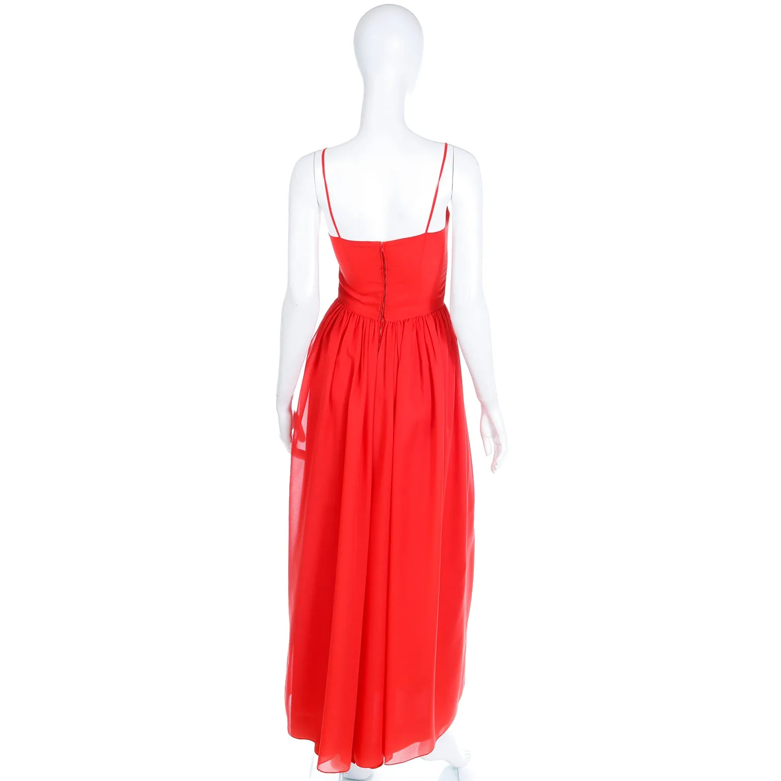 1970s Lanvin Boutique Paris Vintage Red Silk Maxi Evening Dress