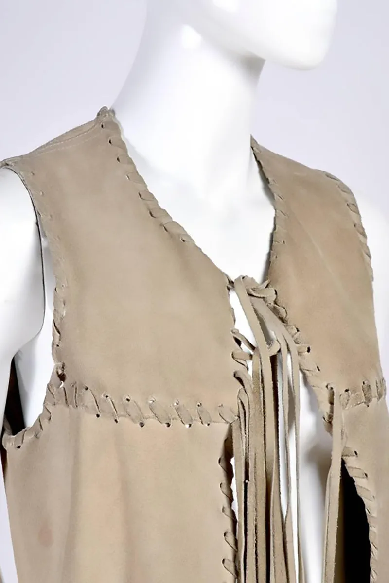 1970's Vintage Suede Long Vest W/ Hippie Bohemian Fringe