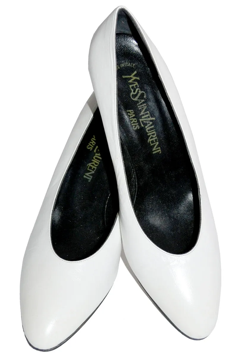 1970's Yves Saint Laurent White Leather Shoes With Black Heels