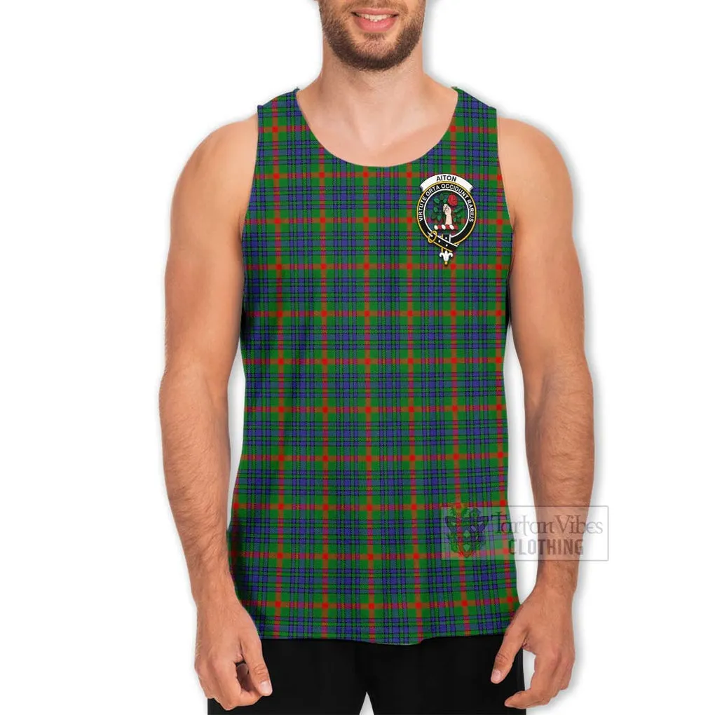 Aiton Tartan Men's Tank Top with Family Crest and Bearded Skull Holding Bottles of Whiskey