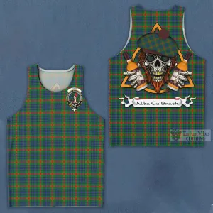 Aiton Tartan Men's Tank Top with Family Crest and Bearded Skull Holding Bottles of Whiskey