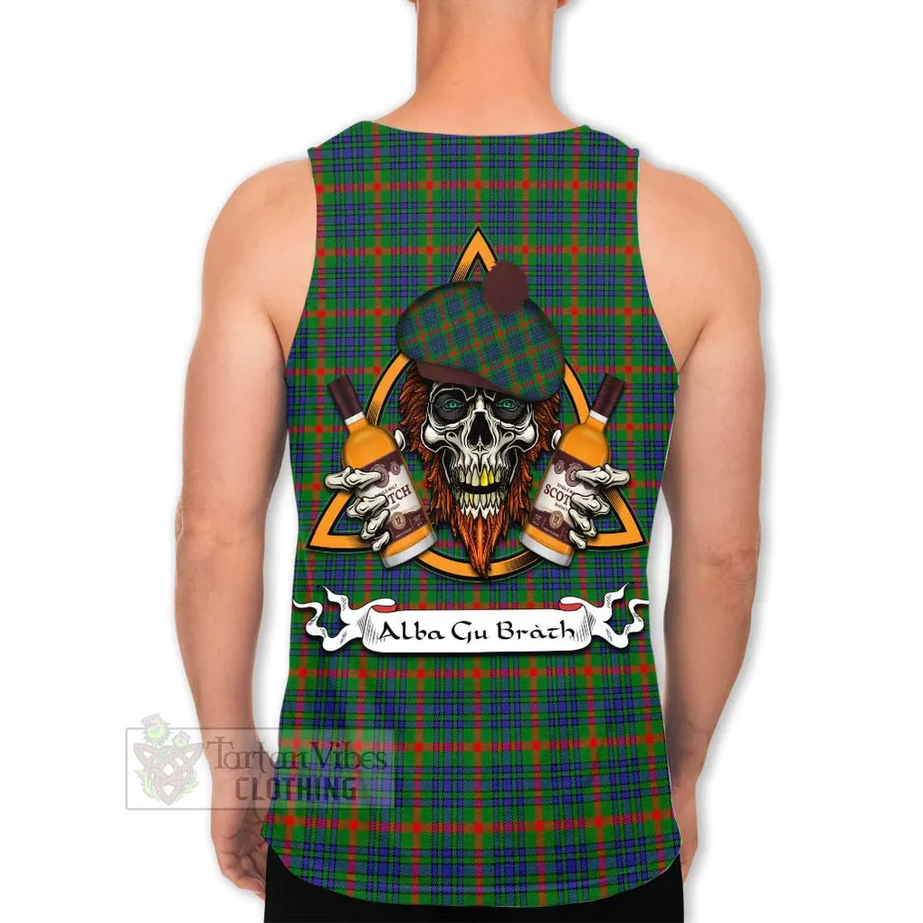 Aiton Tartan Men's Tank Top with Family Crest and Bearded Skull Holding Bottles of Whiskey