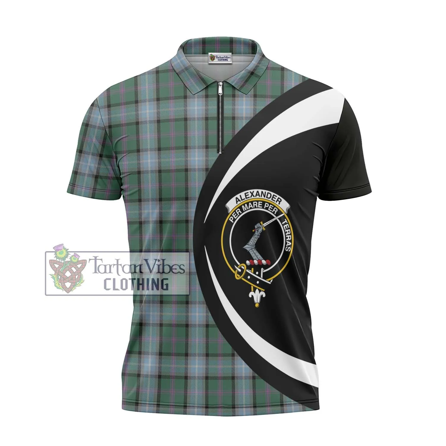 Alexander of Menstry Hunting Tartan Zipper Polo Shirt with Family Crest Circle Style