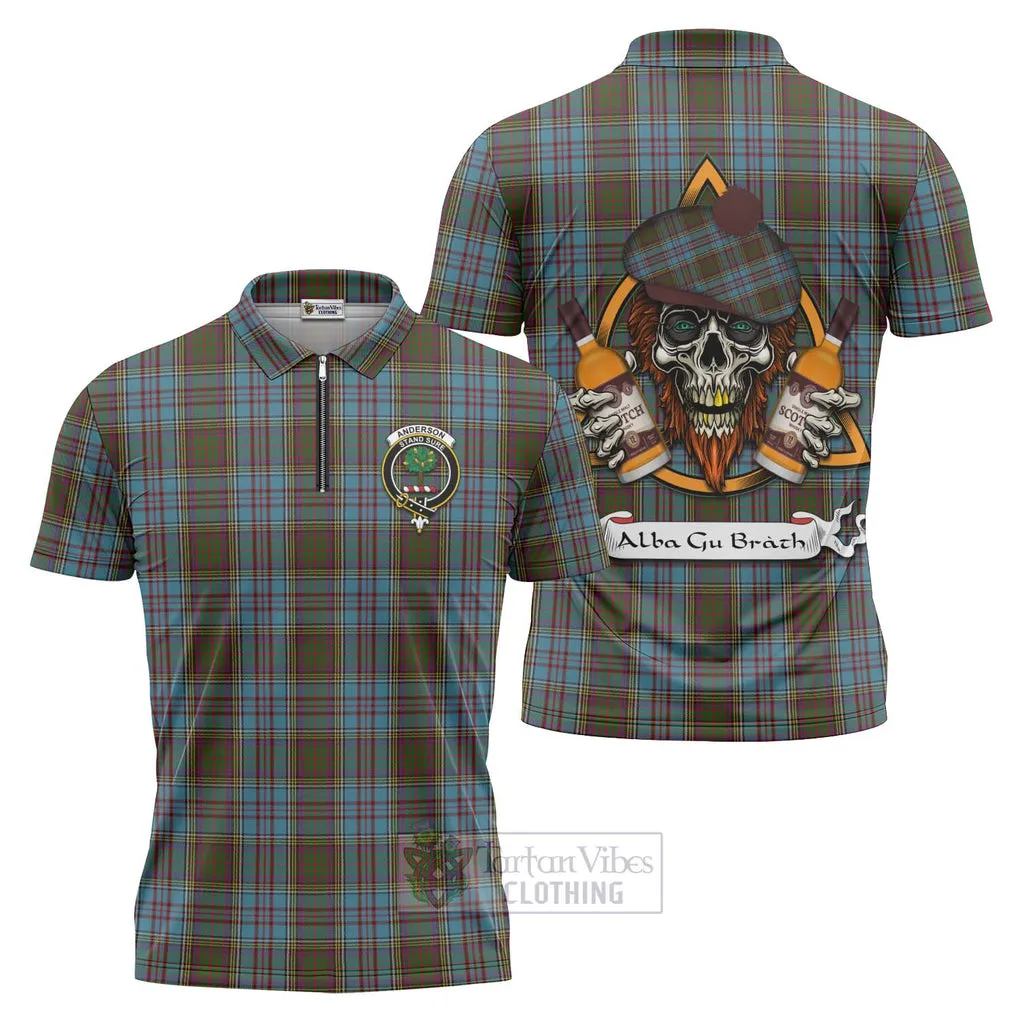 Anderson Tartan Zipper Polo Shirt with Family Crest and Bearded Skull Holding Bottles of Whiskey