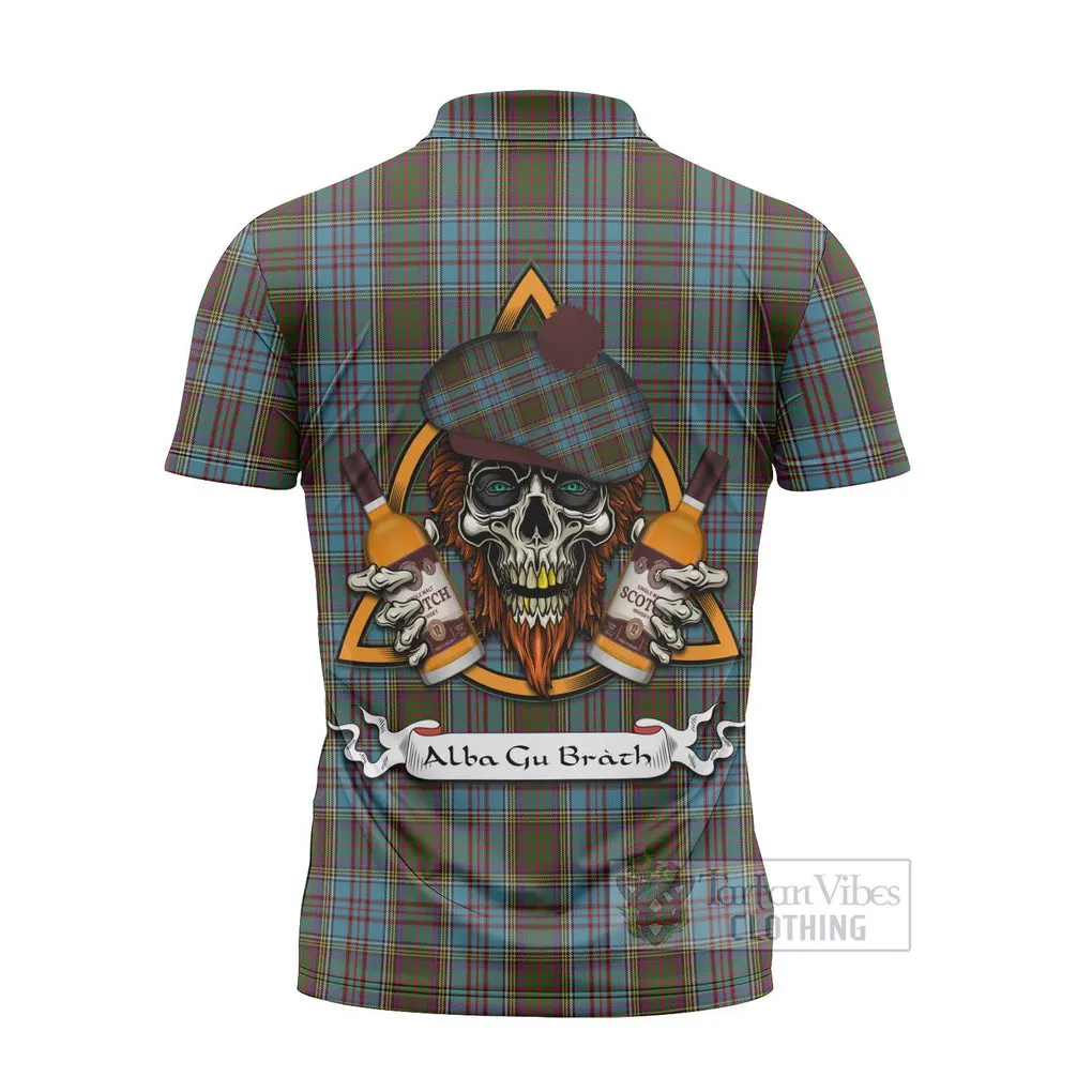 Anderson Tartan Zipper Polo Shirt with Family Crest and Bearded Skull Holding Bottles of Whiskey