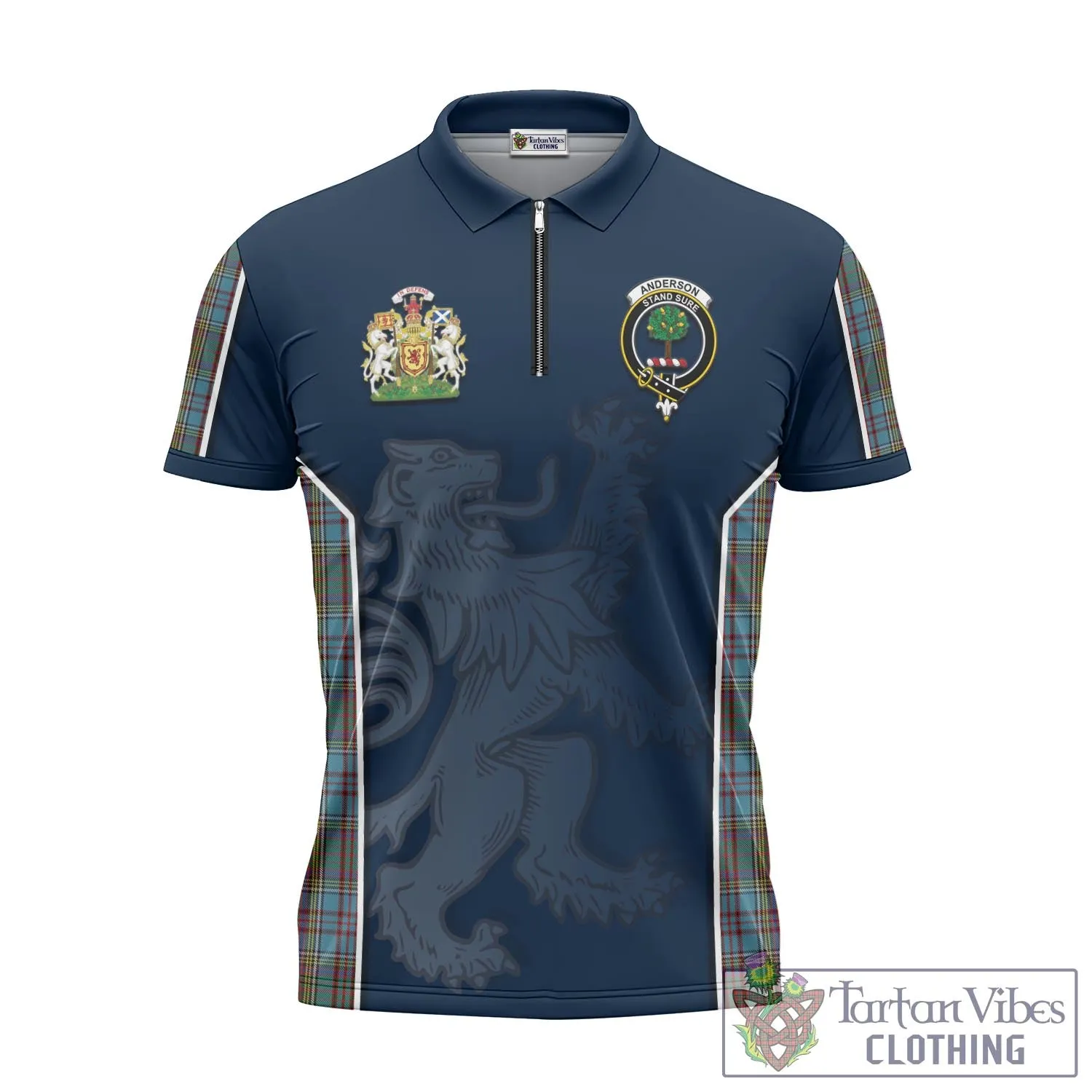 Anderson Tartan Zipper Polo Shirt with Family Crest and Lion Rampant Vibes Sport Style