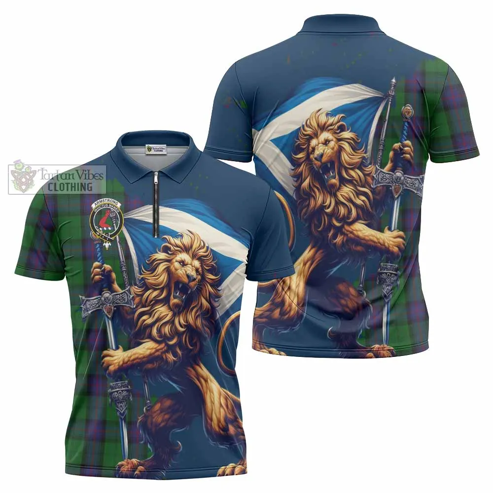 Armstrong Tartan Family Crest Zipper Polo Shirt with Scottish Majestic Lion