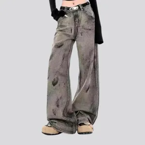 Art tie baggy high rise women's jeans