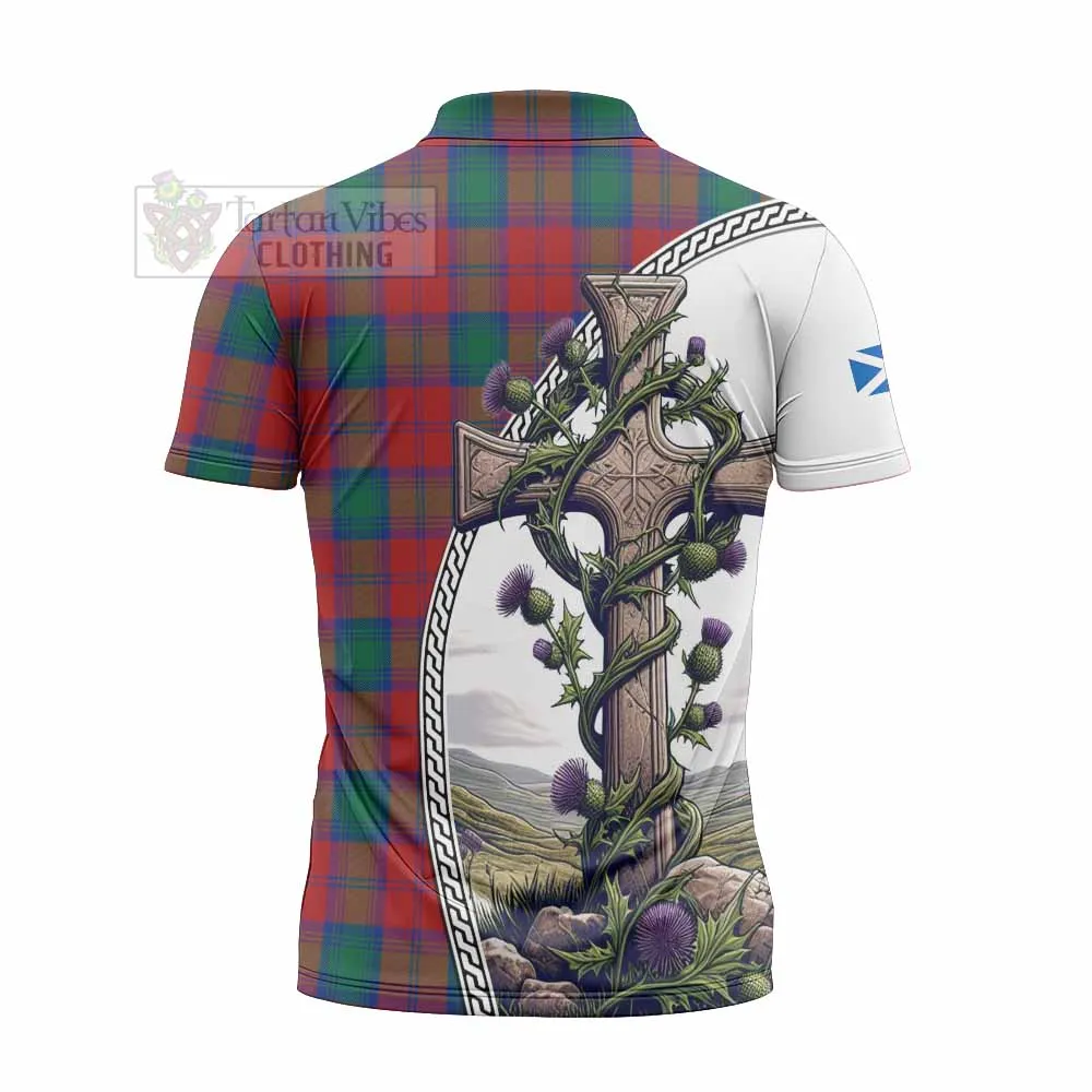 Auchinleck (Affleck) Tartan Zipper Polo Shirt with Family Crest and St. Andrew's Cross Accented by Thistle Vines