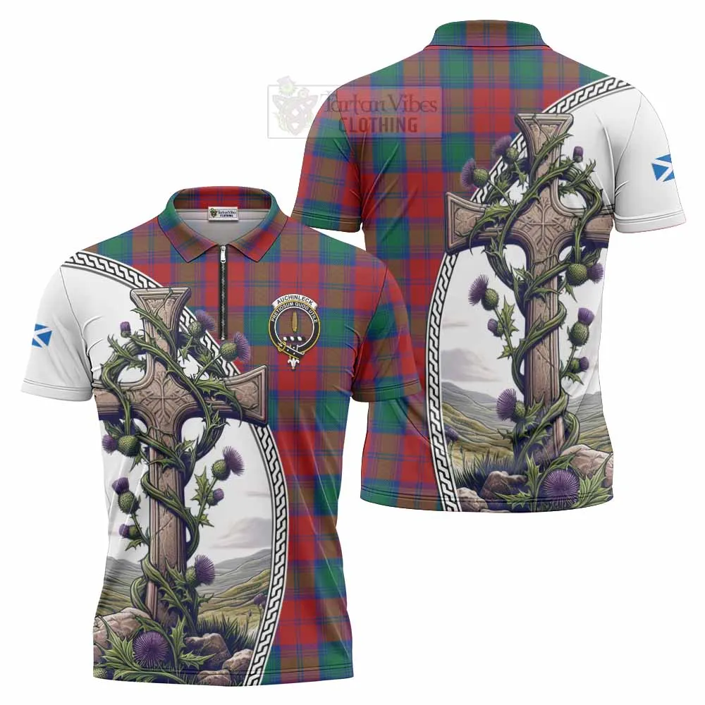 Auchinleck (Affleck) Tartan Zipper Polo Shirt with Family Crest and St. Andrew's Cross Accented by Thistle Vines