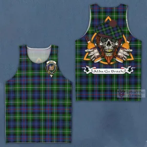 Baillie (Bailey) Tartan Men's Tank Top with Family Crest and Bearded Skull Holding Bottles of Whiskey