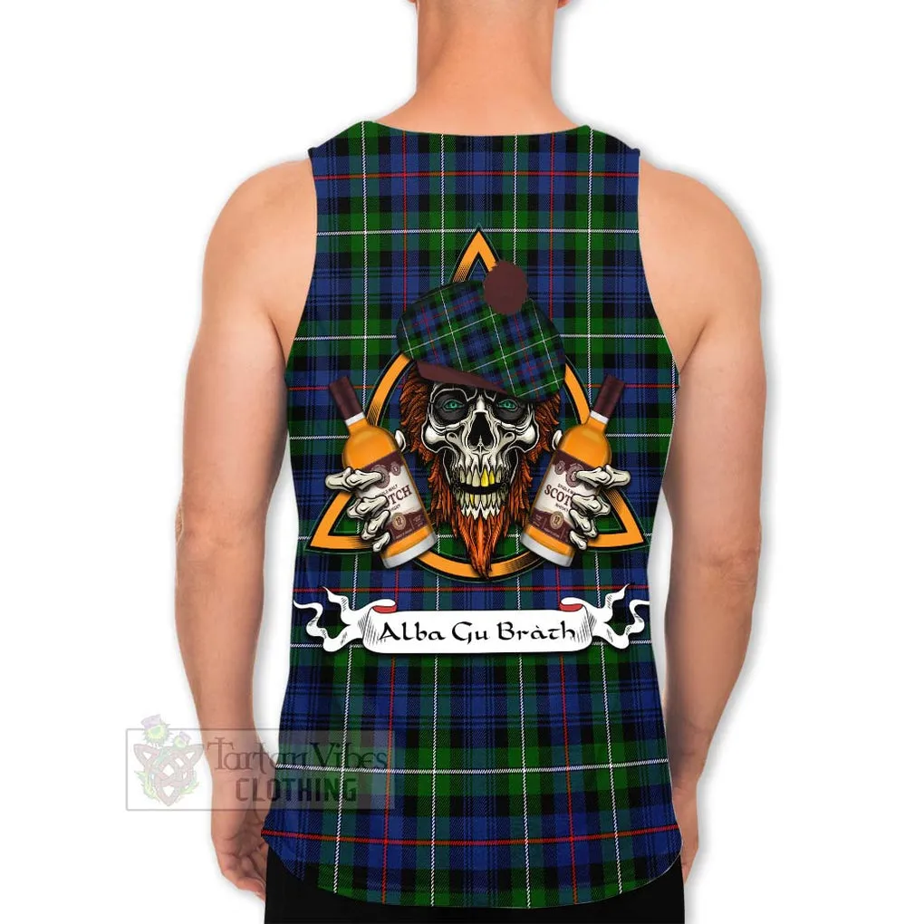 Baillie (Bailey) Tartan Men's Tank Top with Family Crest and Bearded Skull Holding Bottles of Whiskey