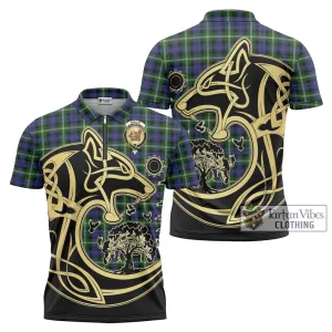 Baillie of Polkemmet Tartan Zipper Polo Shirt with Family Crest Celtic Wolf Style