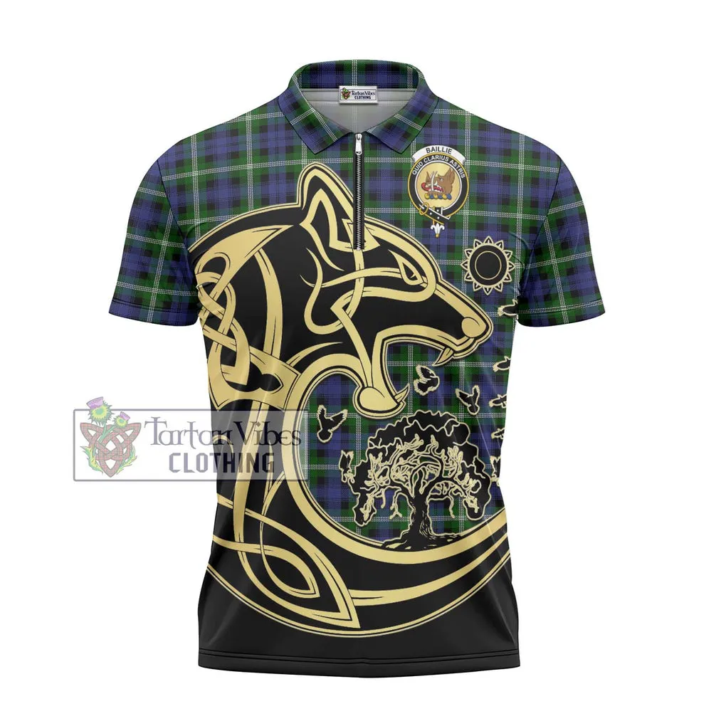 Baillie of Polkemmet Tartan Zipper Polo Shirt with Family Crest Celtic Wolf Style