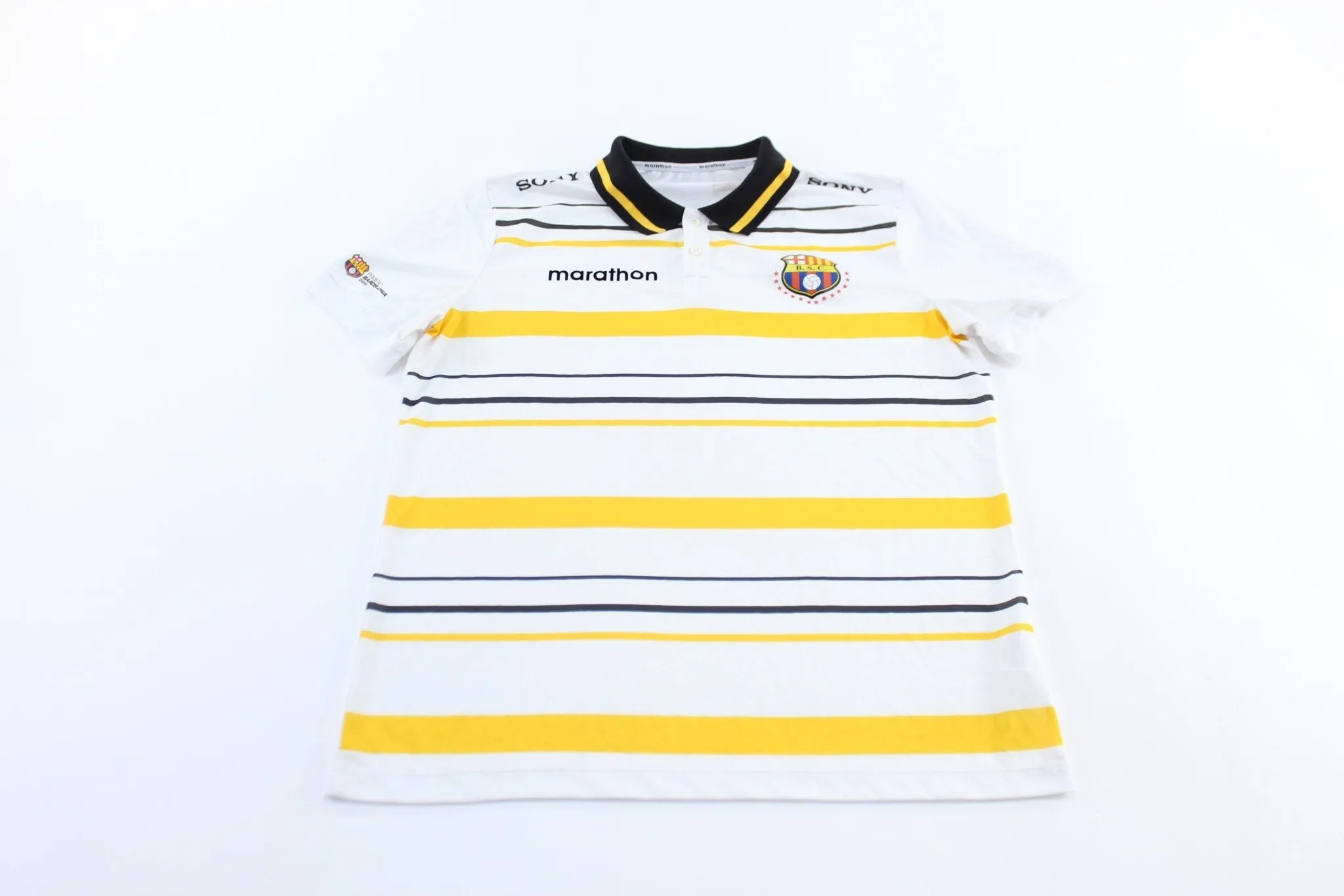 Barcelona Logo White, Black, & Yellow Striped Soccer JERSEY