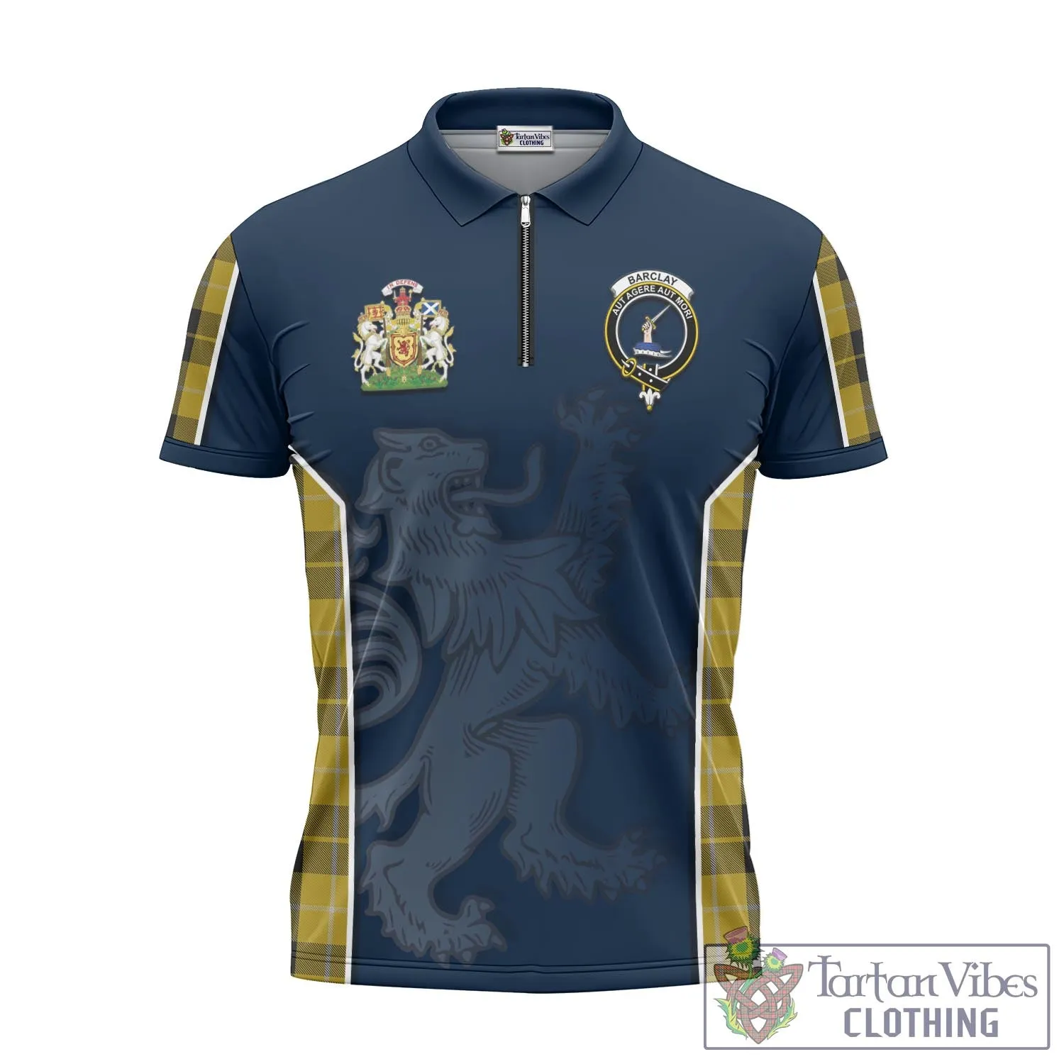 Barclay Dress Tartan Zipper Polo Shirt with Family Crest and Lion Rampant Vibes Sport Style