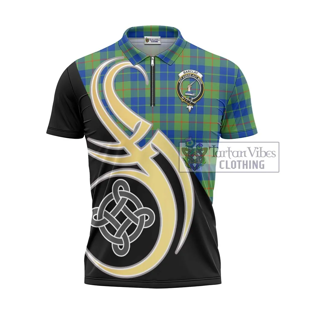 Barclay Hunting Ancient Tartan Zipper Polo Shirt with Family Crest and Celtic Symbol Style