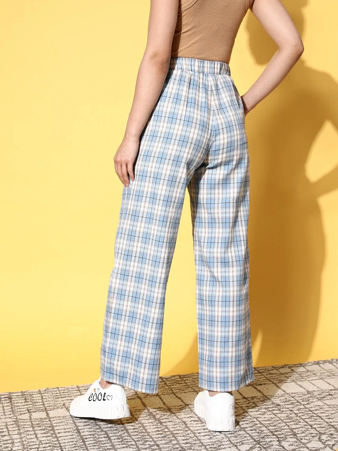 Berrylush Women Blue & White Checked Pattern High-Rise Waist Two-Pocket Slip-On Relaxed Regular Trousers