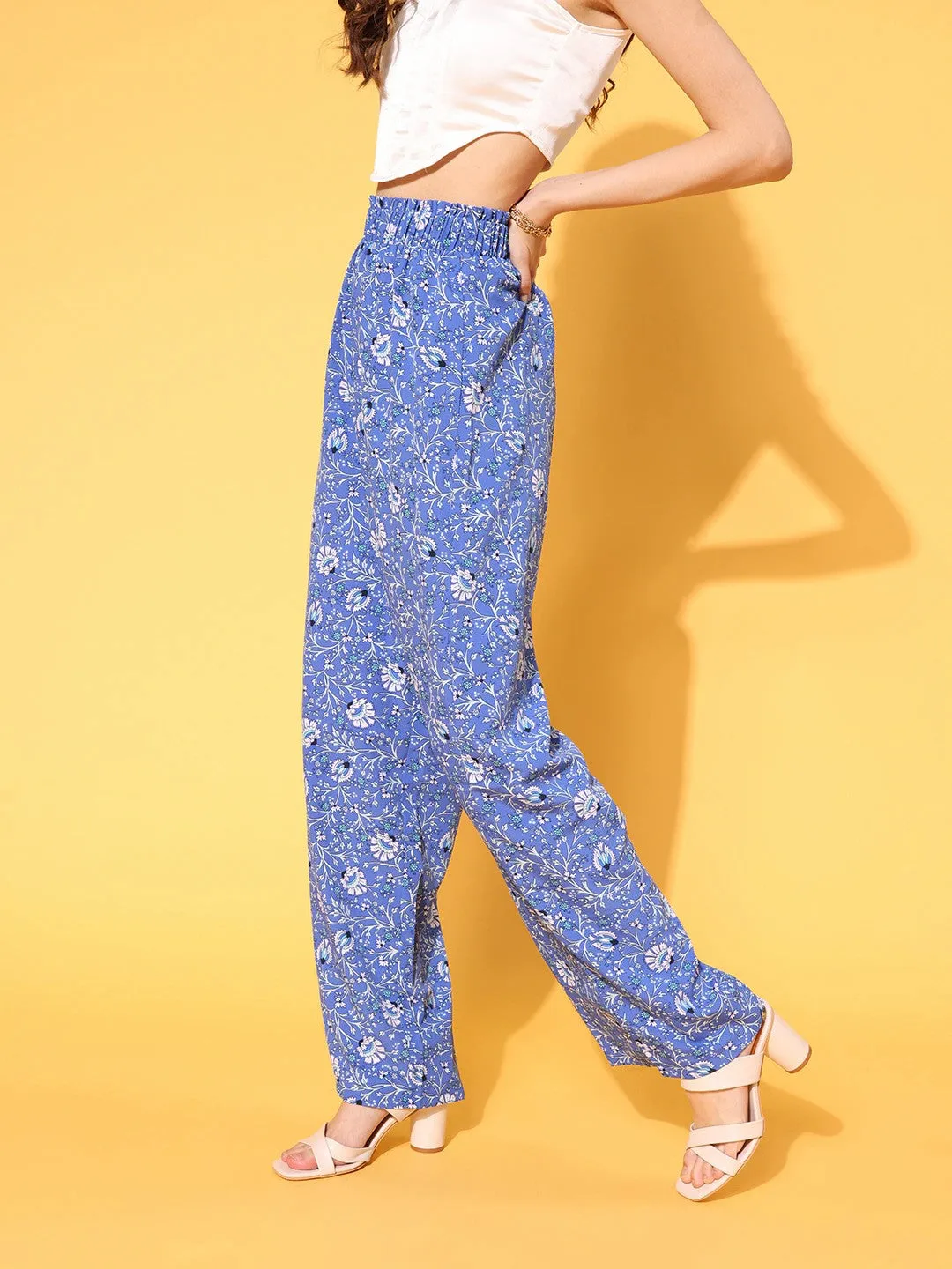 Berrylush Women Elegant Blue Floral Printed High-Rise Waist Wide Leg Flared Trousers