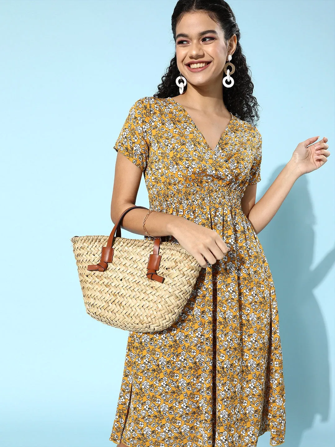 Berrylush Women Mustard Yellow & White Floral Printed A-Line Midi Dress