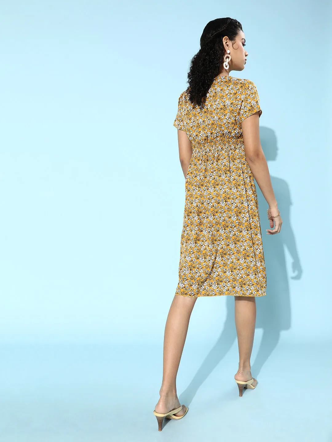 Berrylush Women Mustard Yellow & White Floral Printed A-Line Midi Dress