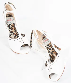 Bettie Page White Leatherette Peep Toe Willie T-Strap Heels