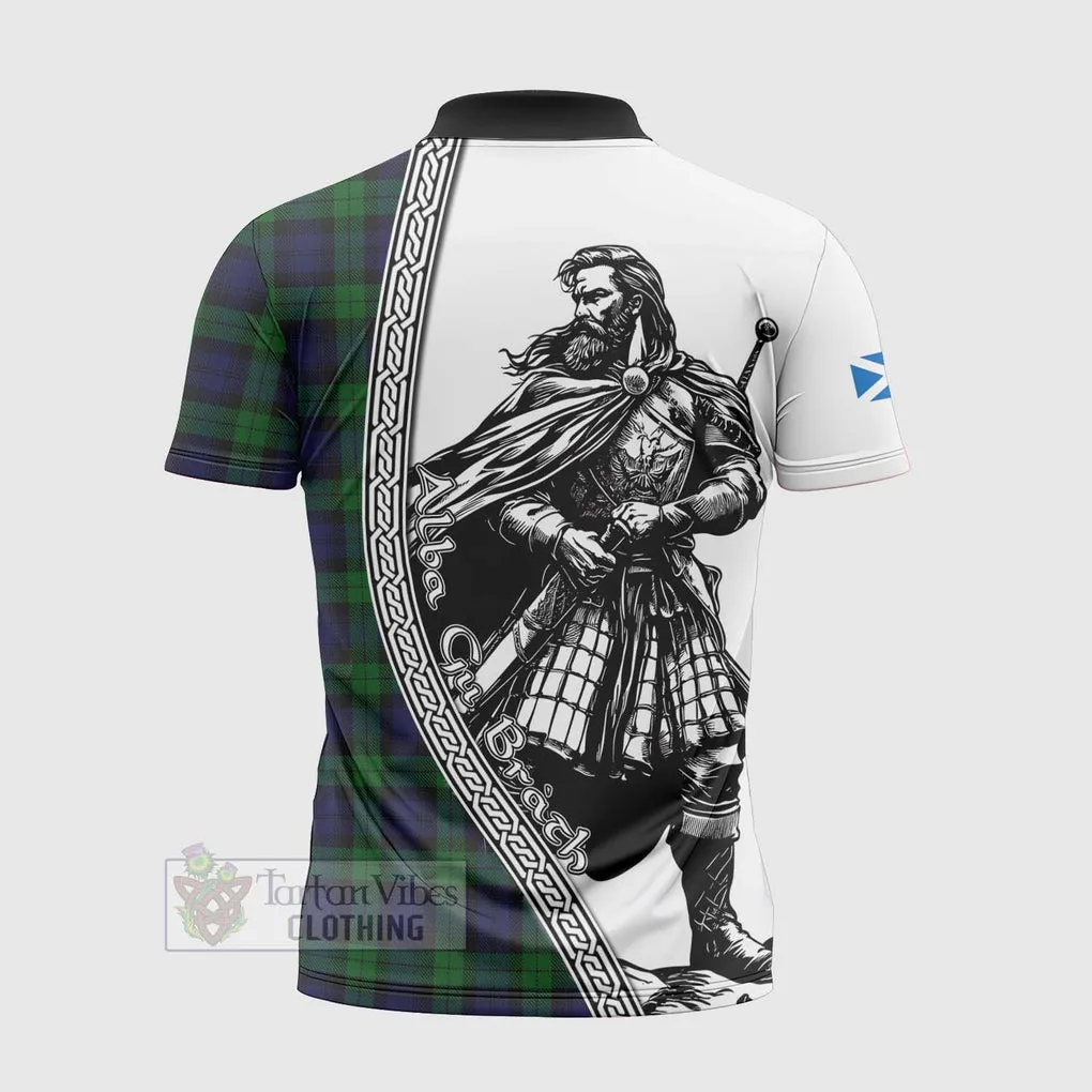 Black Watch Tartan Clan Crest Zipper Polo Shirt with Highlander Warrior Celtic Style