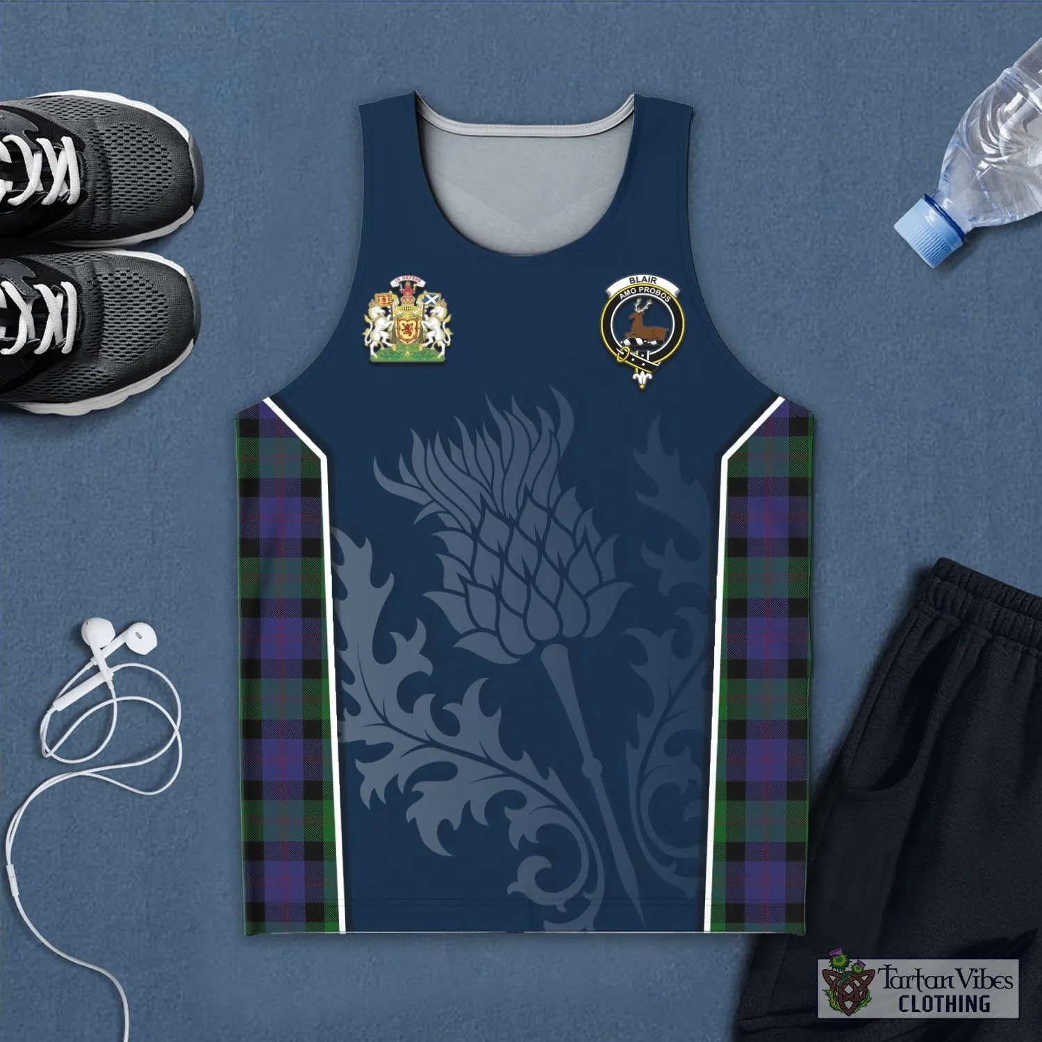 Blair Tartan Men's Tanks Top with Family Crest and Scottish Thistle Vibes Sport Style