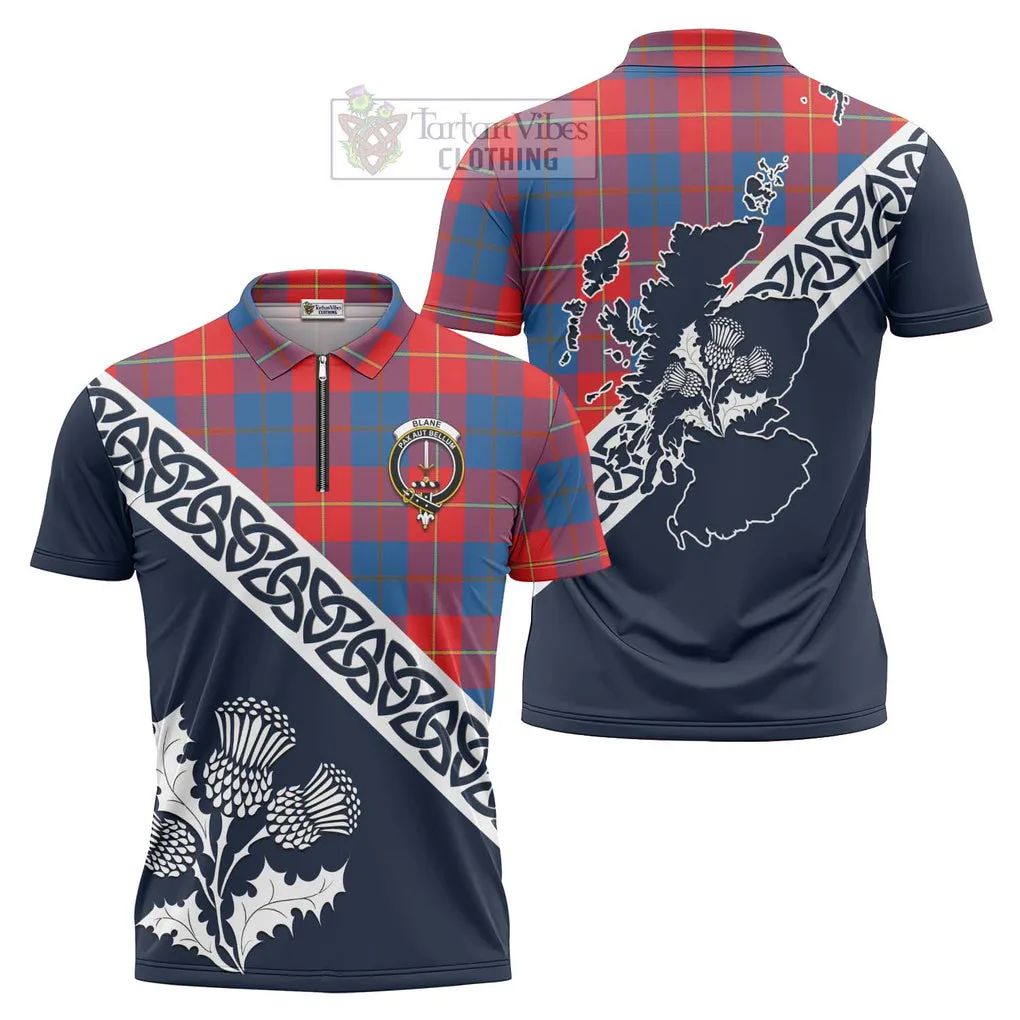 Blane Tartan Zipper Polo Shirt Featuring Thistle and Scotland Map