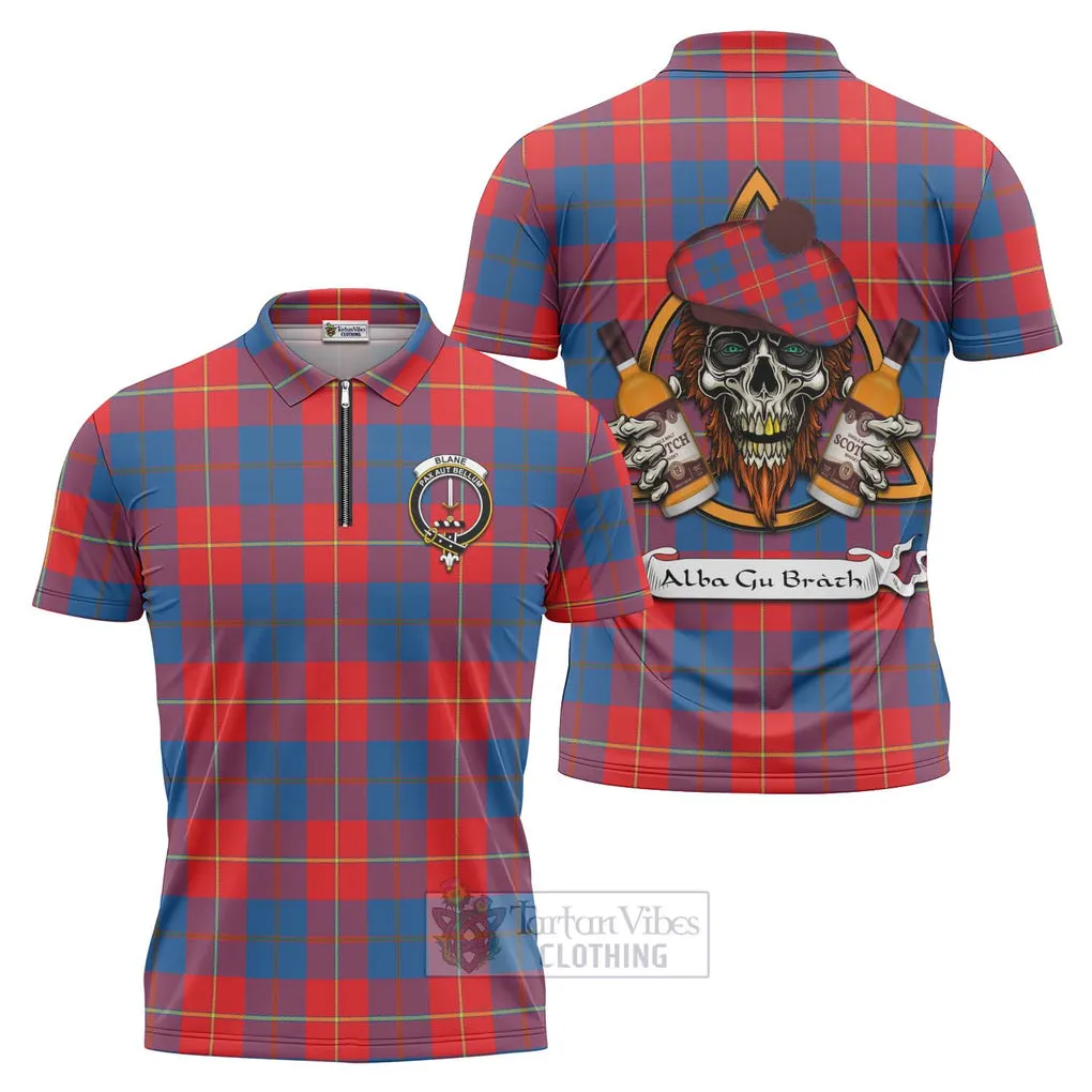 Blane Tartan Zipper Polo Shirt with Family Crest and Bearded Skull Holding Bottles of Whiskey