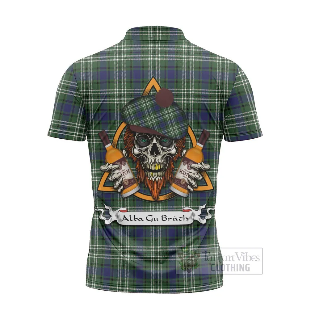 Blyth Tartan Zipper Polo Shirt with Family Crest and Bearded Skull Holding Bottles of Whiskey