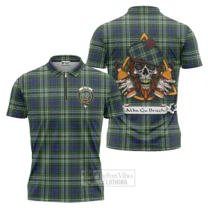 Blyth Tartan Zipper Polo Shirt with Family Crest and Bearded Skull Holding Bottles of Whiskey