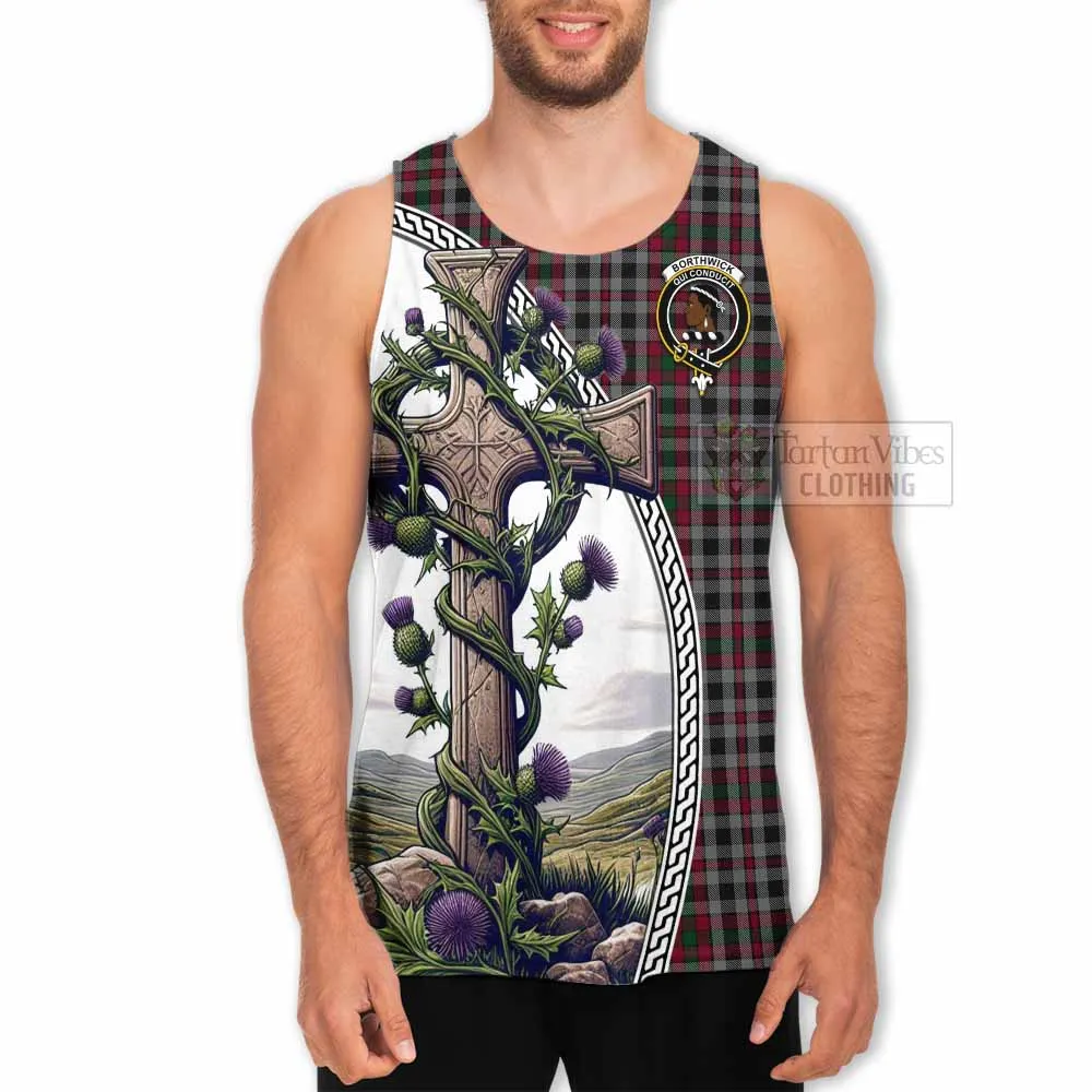 Borthwick Tartan Men's Tank Top with Family Crest and St. Andrew's Cross Accented by Thistle Vines