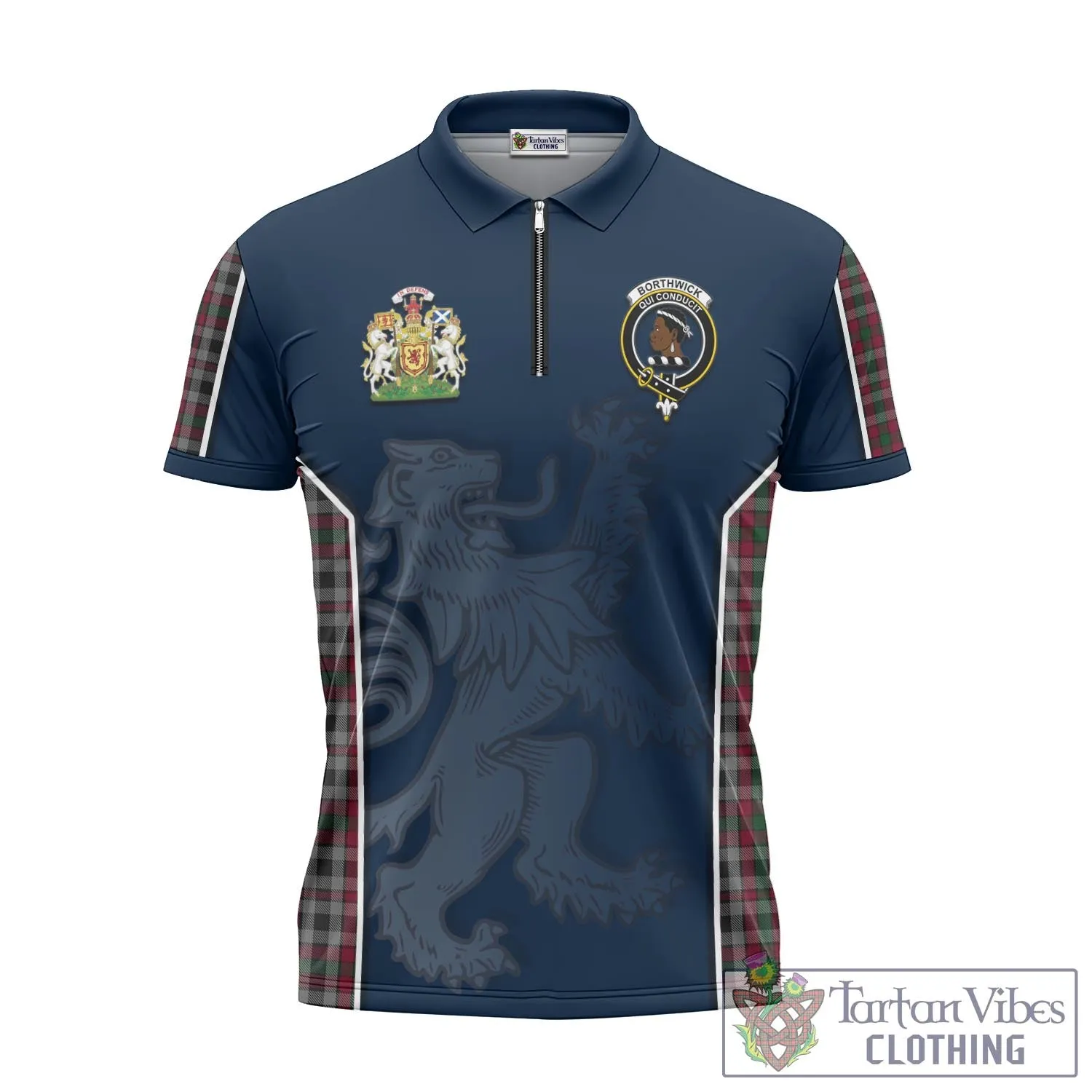 Borthwick Tartan Zipper Polo Shirt with Family Crest and Lion Rampant Vibes Sport Style