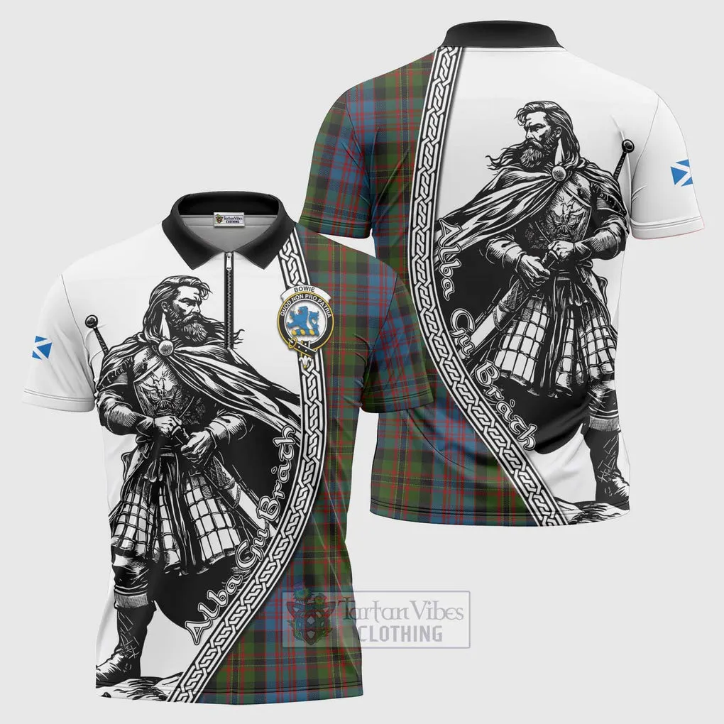 Bowie Tartan Clan Crest Zipper Polo Shirt with Highlander Warrior Celtic Style