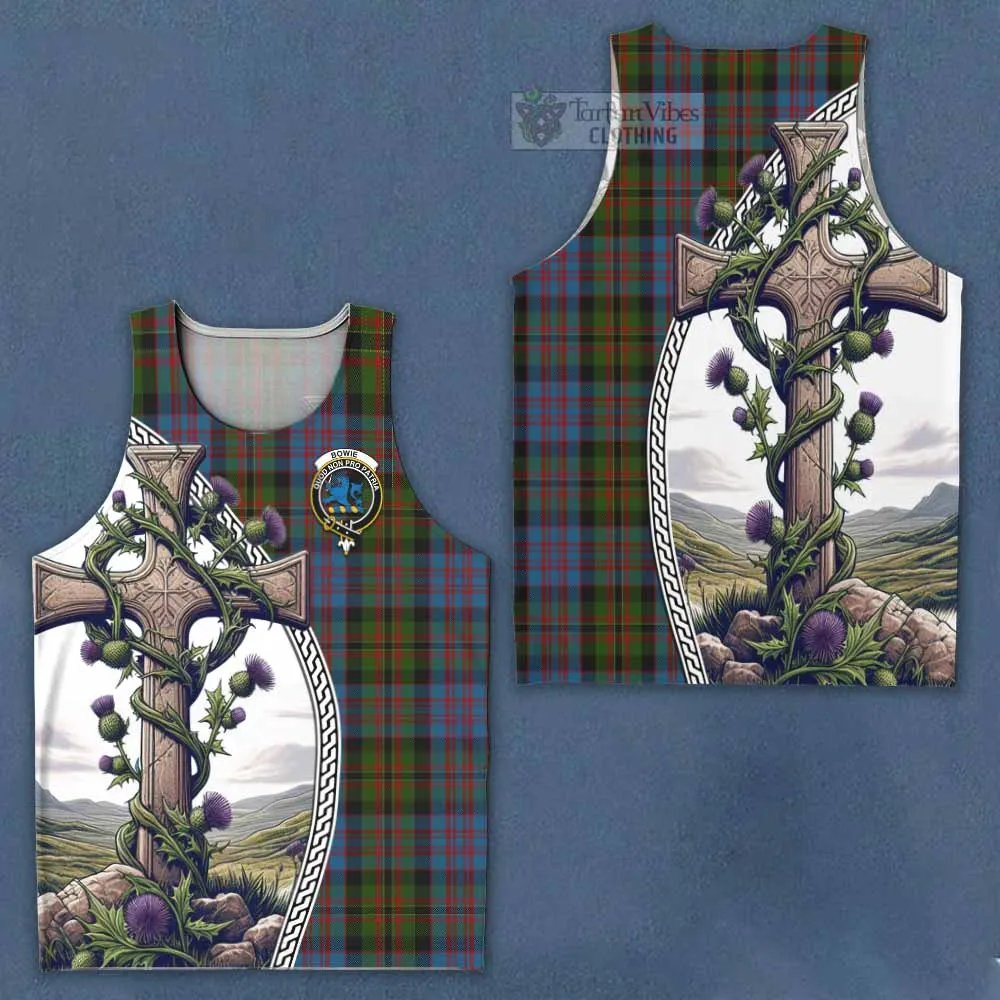 Bowie Tartan Men's Tank Top with Family Crest and St. Andrew's Cross Accented by Thistle Vines