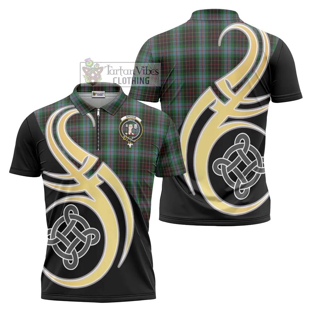 Brodie Hunting Tartan Zipper Polo Shirt with Family Crest and Celtic Symbol Style