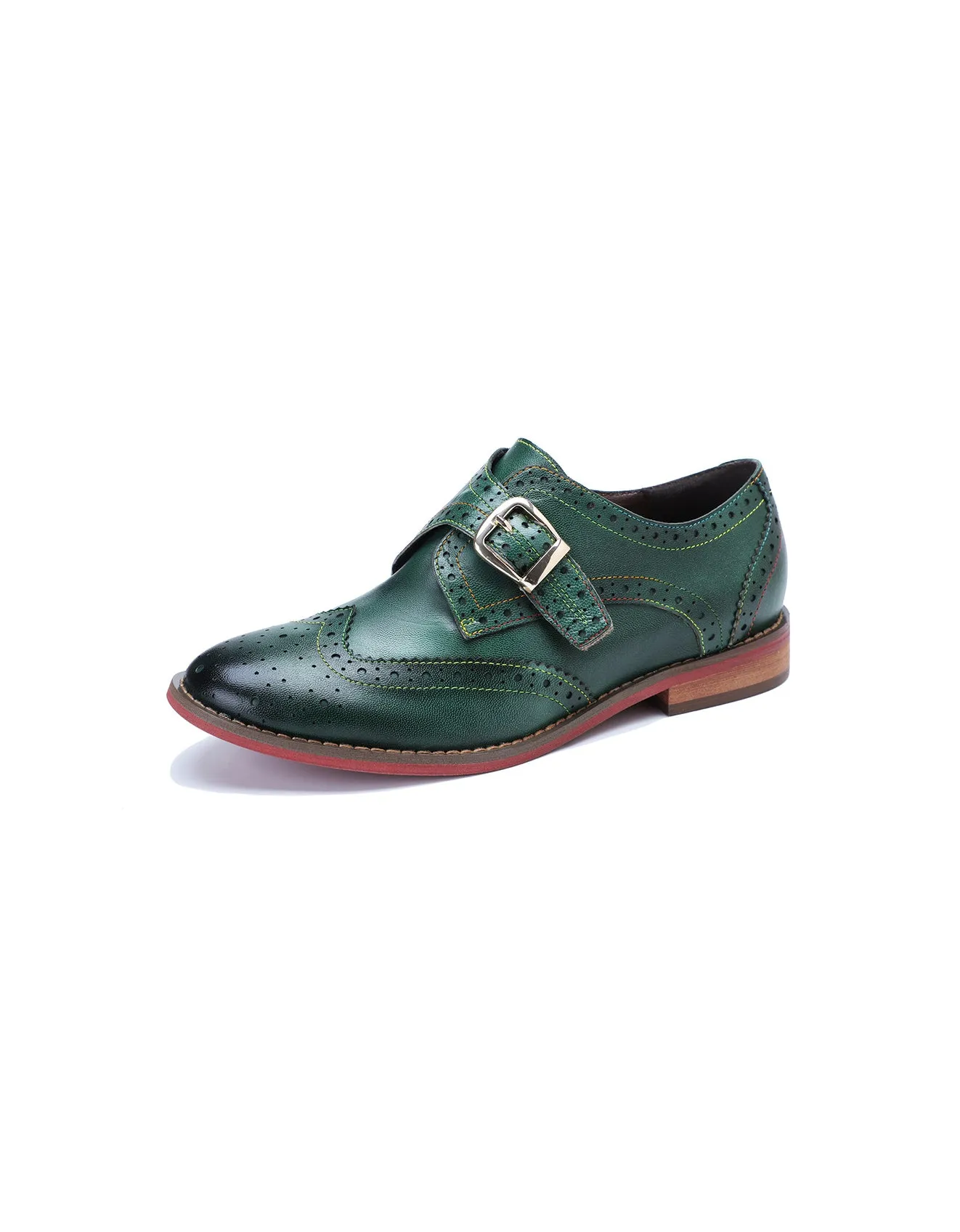 Brogue Style Monke Strap Vintage Green Oxford Shoes