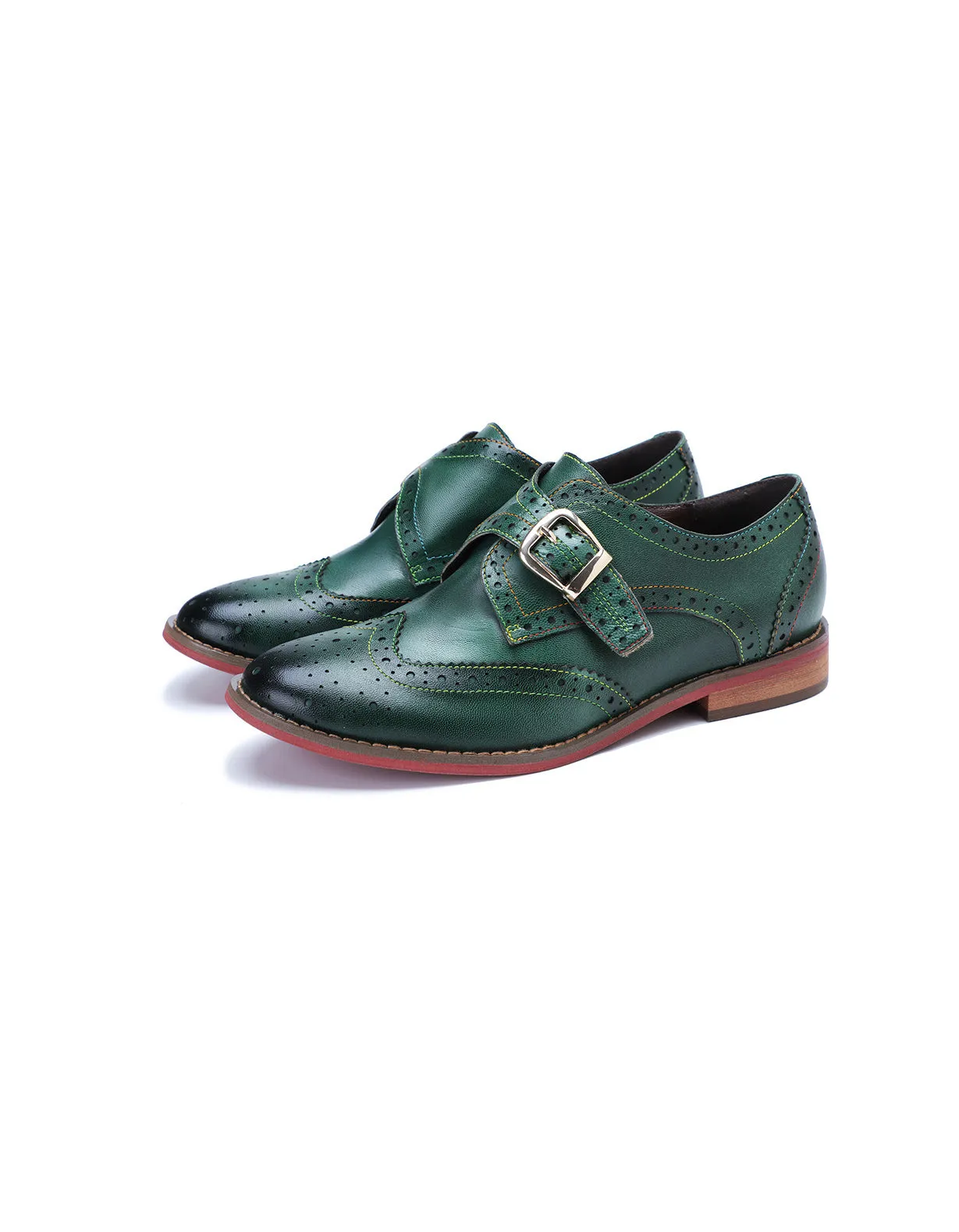 Brogue Style Monke Strap Vintage Green Oxford Shoes