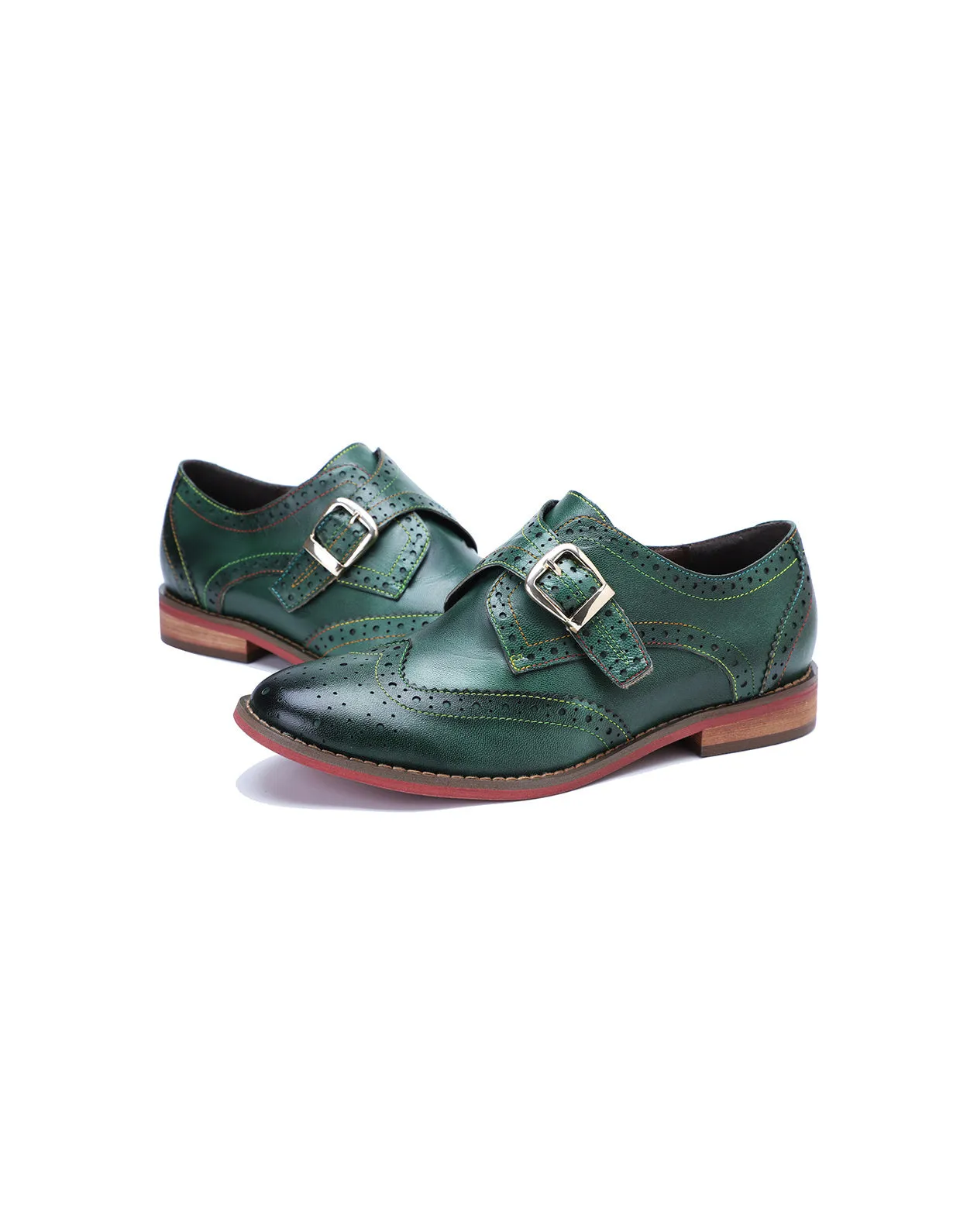 Brogue Style Monke Strap Vintage Green Oxford Shoes