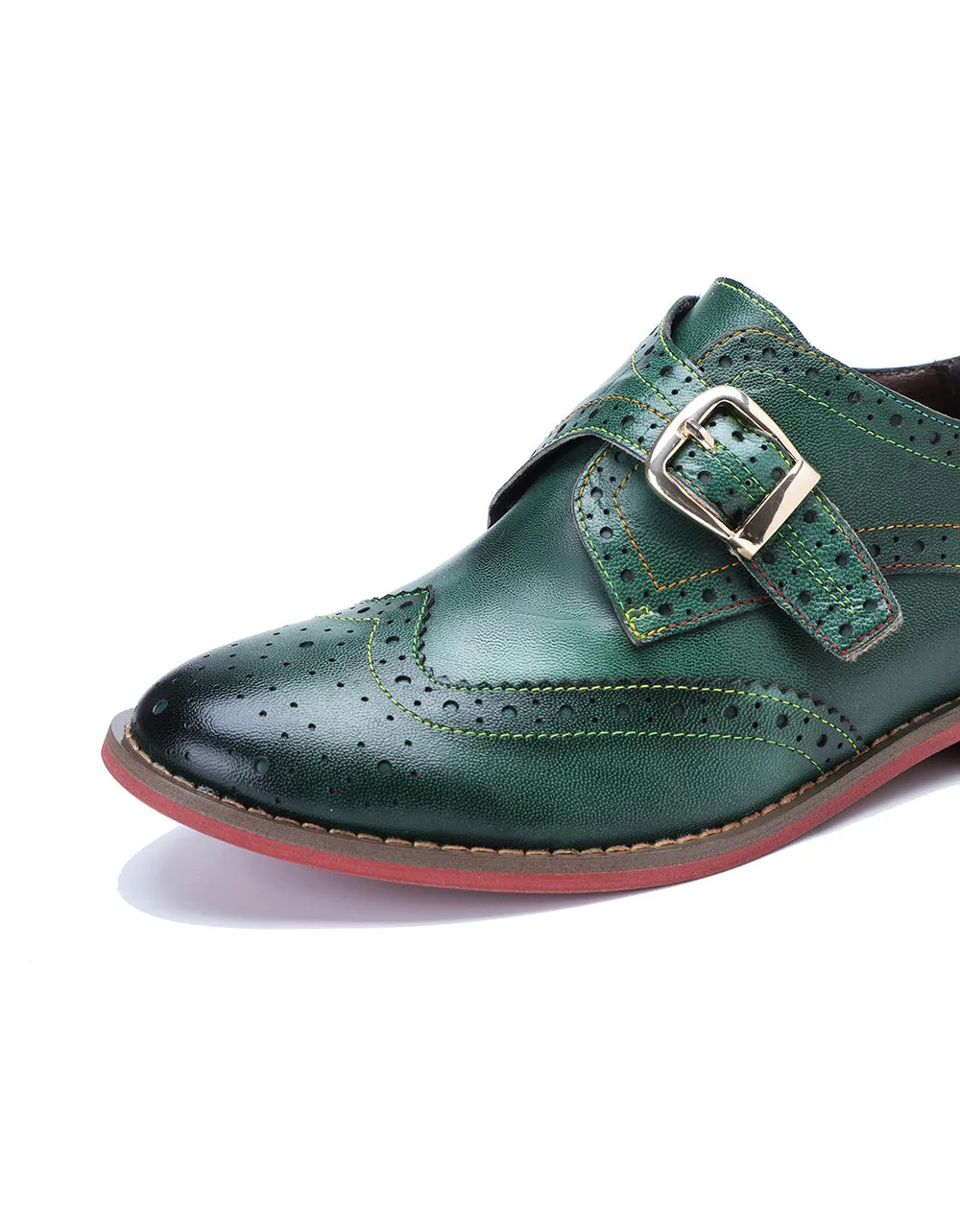 Brogue Style Monke Strap Vintage Green Oxford Shoes