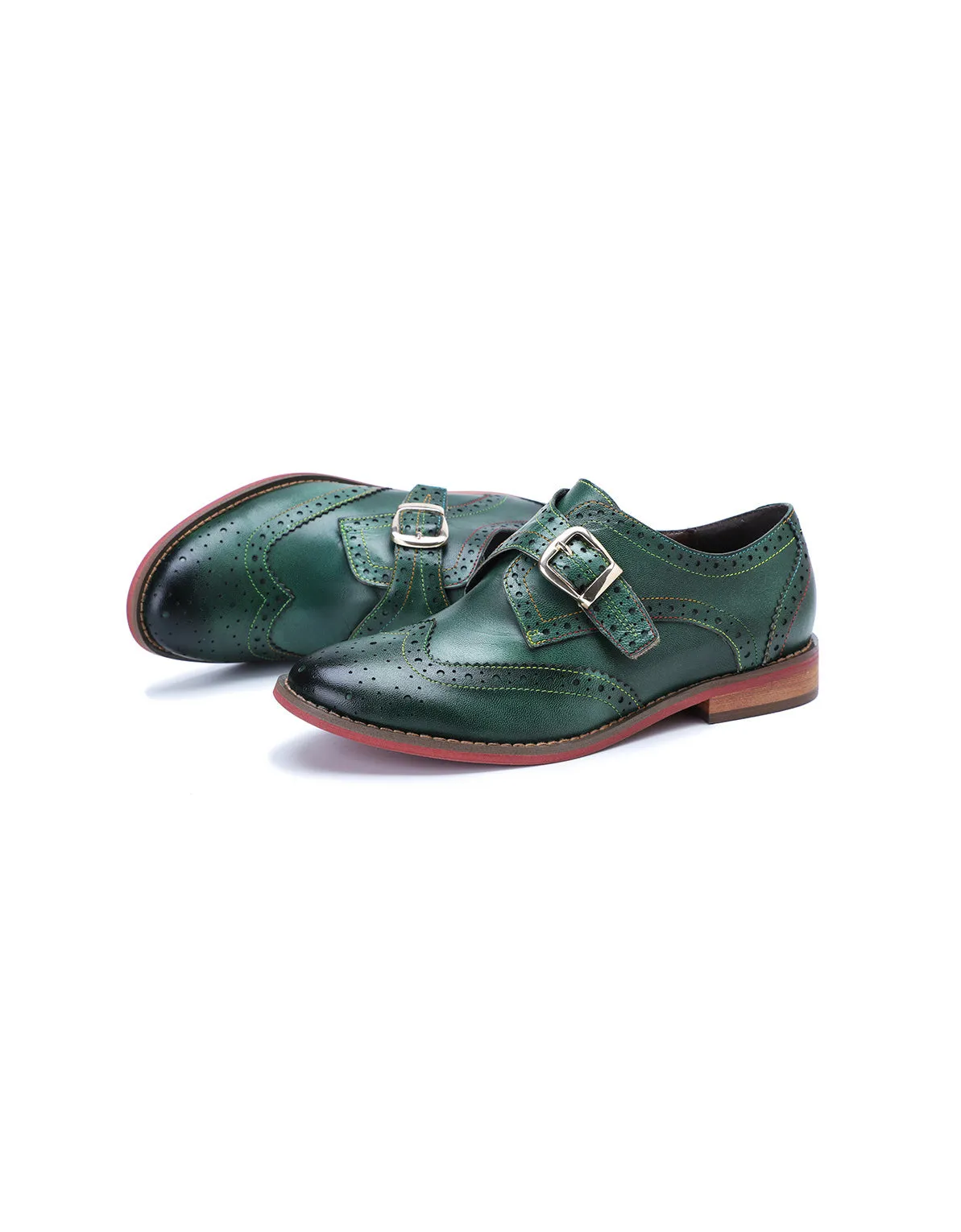 Brogue Style Monke Strap Vintage Green Oxford Shoes