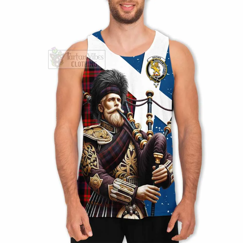 Brown (Broun) Tartan Men's Tank Top with Family Crest Scottish Bagpiper Vibes