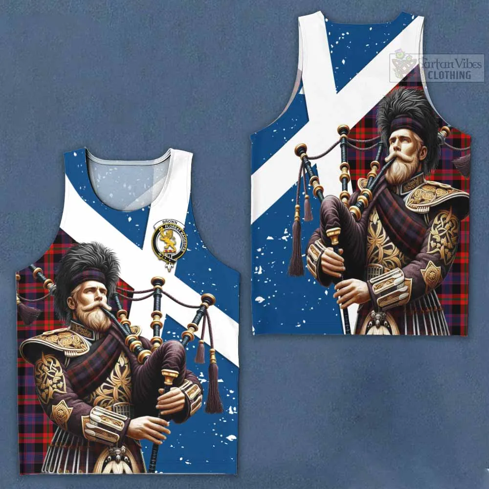 Brown (Broun) Tartan Men's Tank Top with Family Crest Scottish Bagpiper Vibes