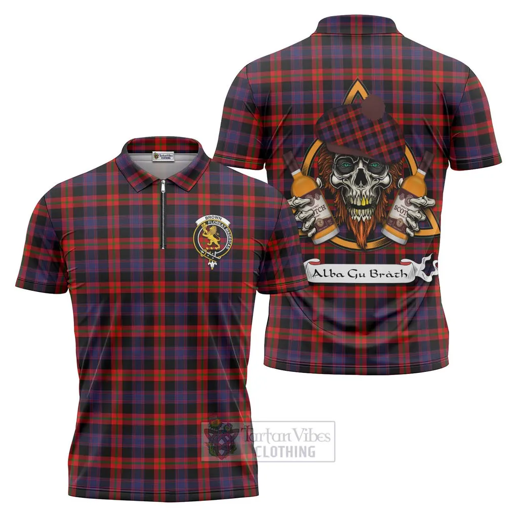 Brown (Broun) Tartan Zipper Polo Shirt with Family Crest and Bearded Skull Holding Bottles of Whiskey