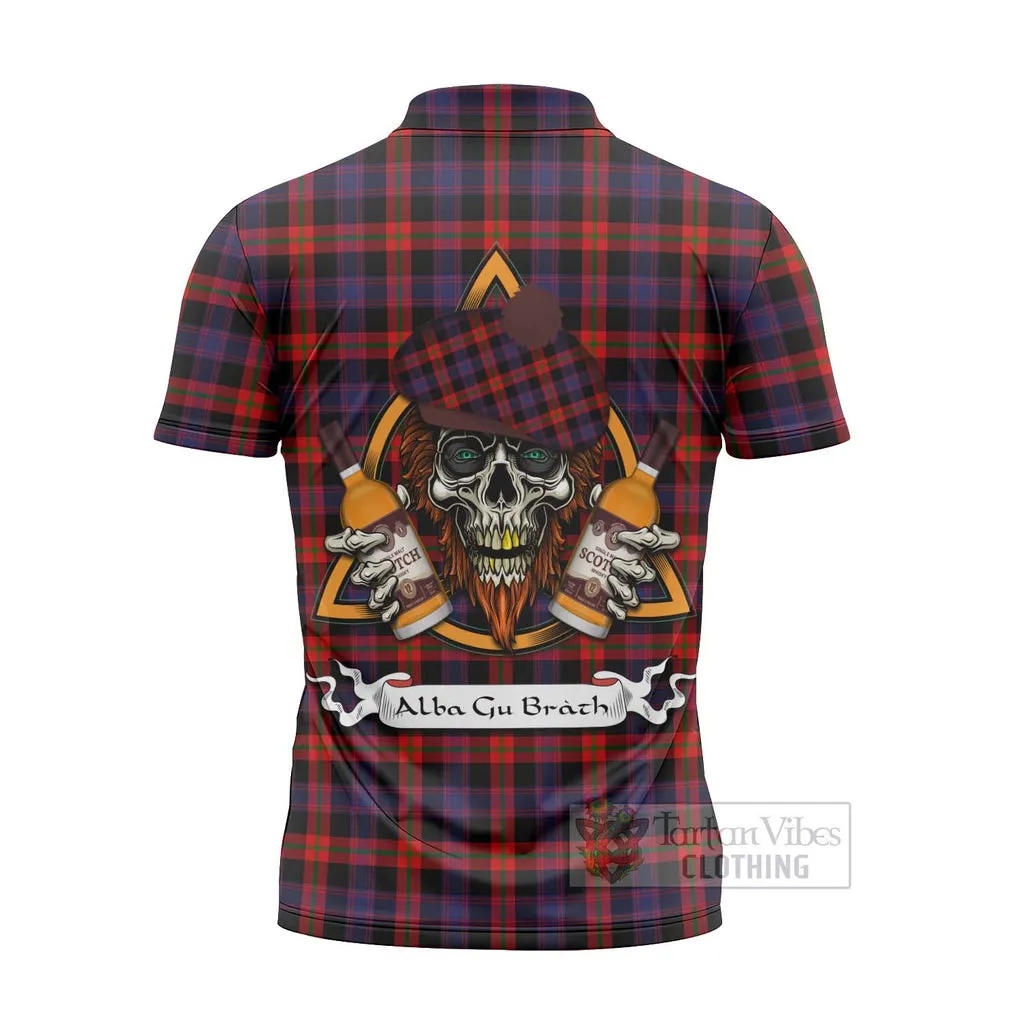 Brown (Broun) Tartan Zipper Polo Shirt with Family Crest and Bearded Skull Holding Bottles of Whiskey