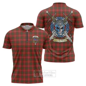 Bruce Tartan Zipper Polo Shirt with Family Crest Celtic Skull Style