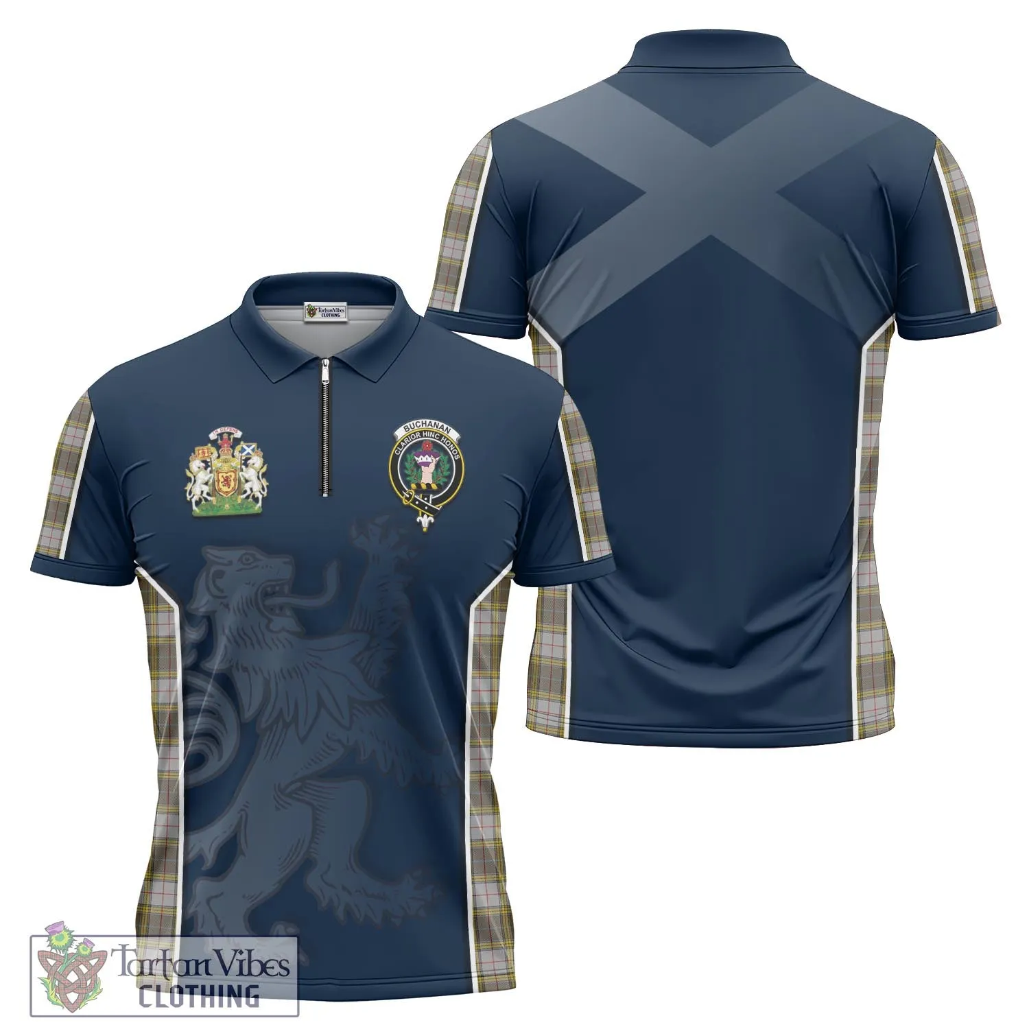 Buchanan Dress Tartan Zipper Polo Shirt with Family Crest and Lion Rampant Vibes Sport Style