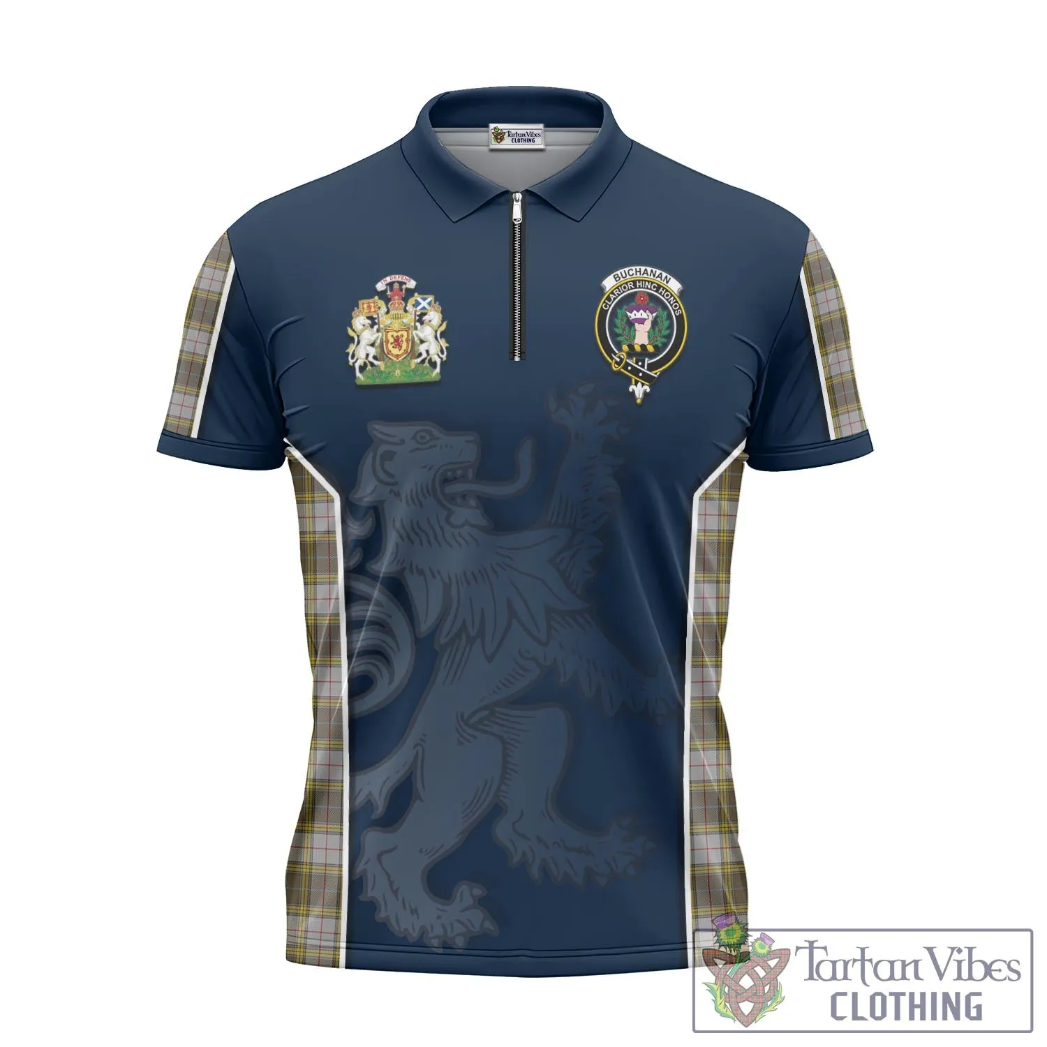 Buchanan Dress Tartan Zipper Polo Shirt with Family Crest and Lion Rampant Vibes Sport Style