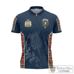 Buchanan Old Dress Tartan Zipper Polo Shirt with Family Crest and Scottish Thistle Vibes Sport Style